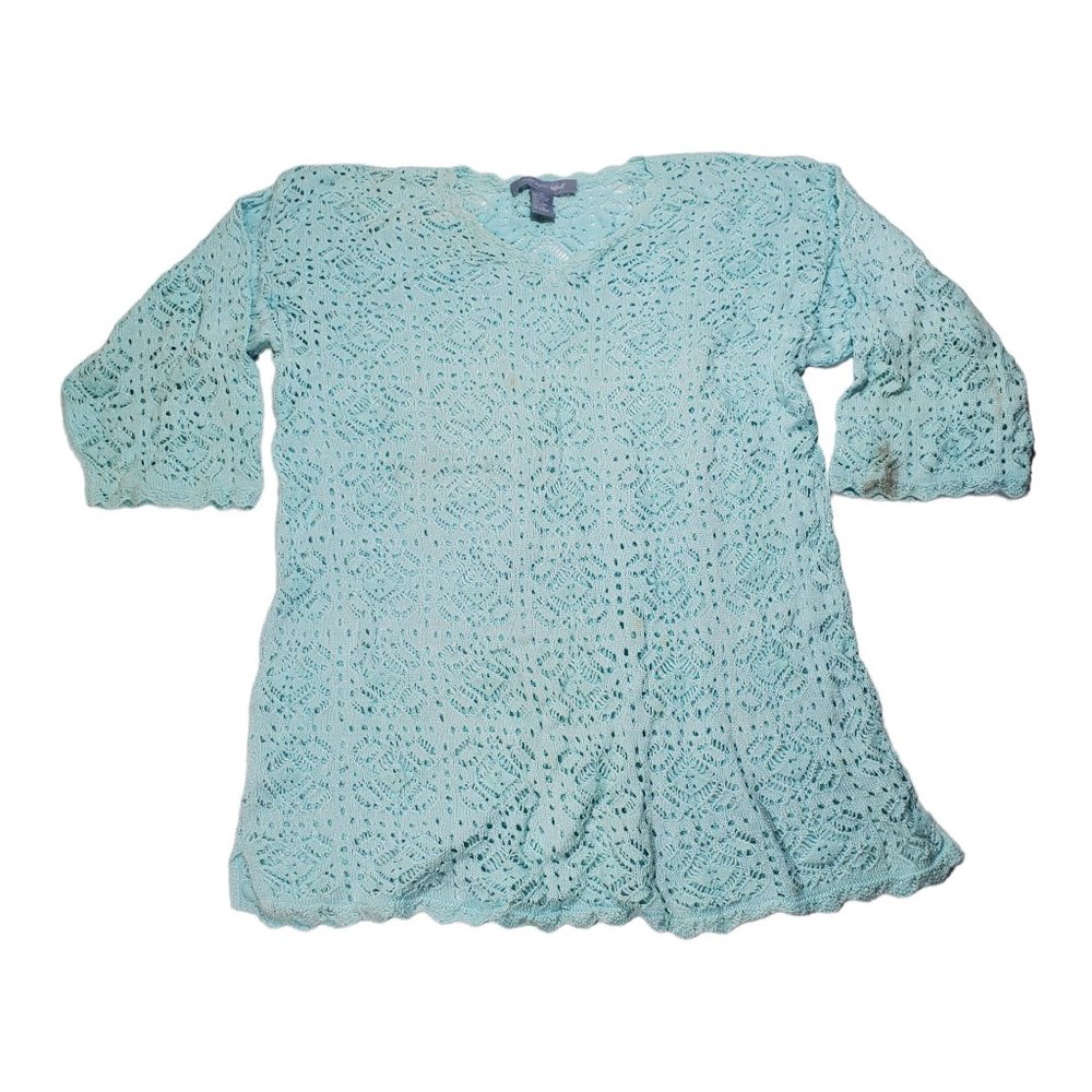 Modern Soul Crochet Lace Knit Shirt Top Aqua Blue 3/4 Sleeve Cottage Dainty
